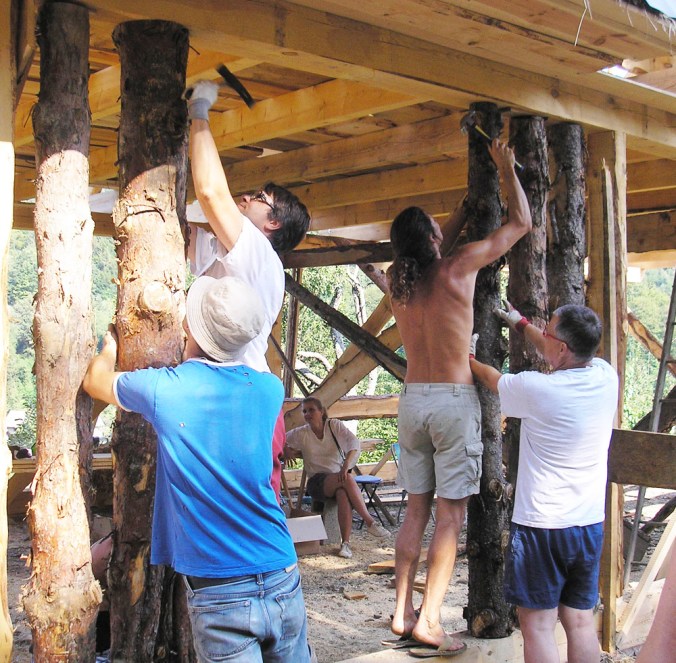 spodbijanca, hiša iz sena, naravna gradnja, gradnja z naravnimi materiali, naravna hiša, lesena debla